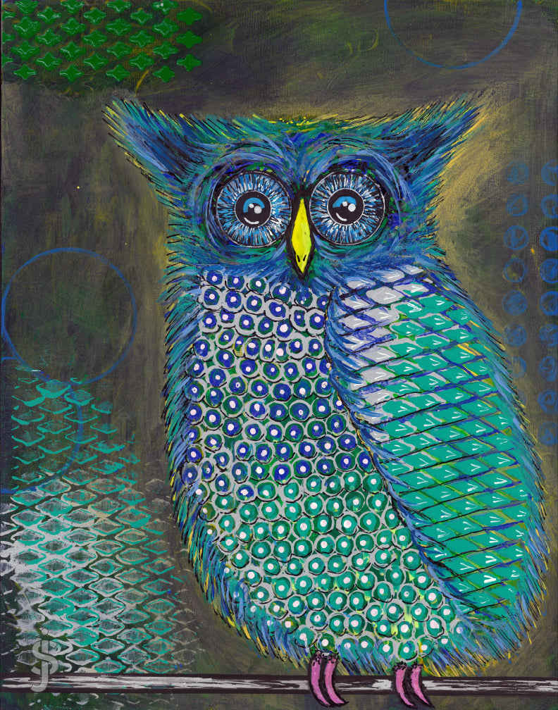 A vibrant, hand-editioned and signed print of an owl with blue and green feathers, titled 'Ollie'. The print is protected in a crystal sleeve and card stock backing for shipping.
