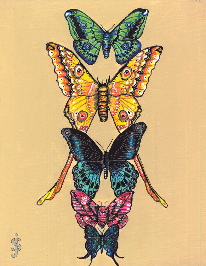 Five colorful butterflies on a beige background